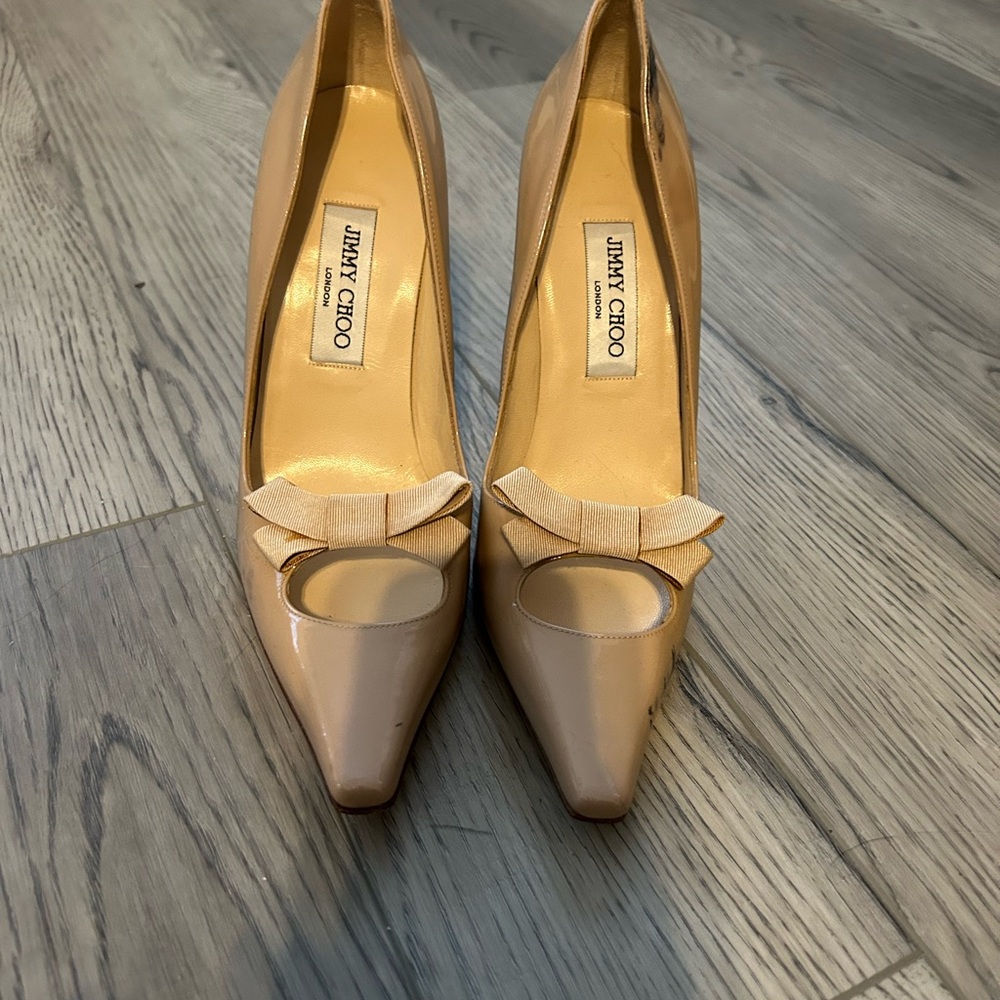 Jimmy Choo Nude Patent Leather Heels with Bow